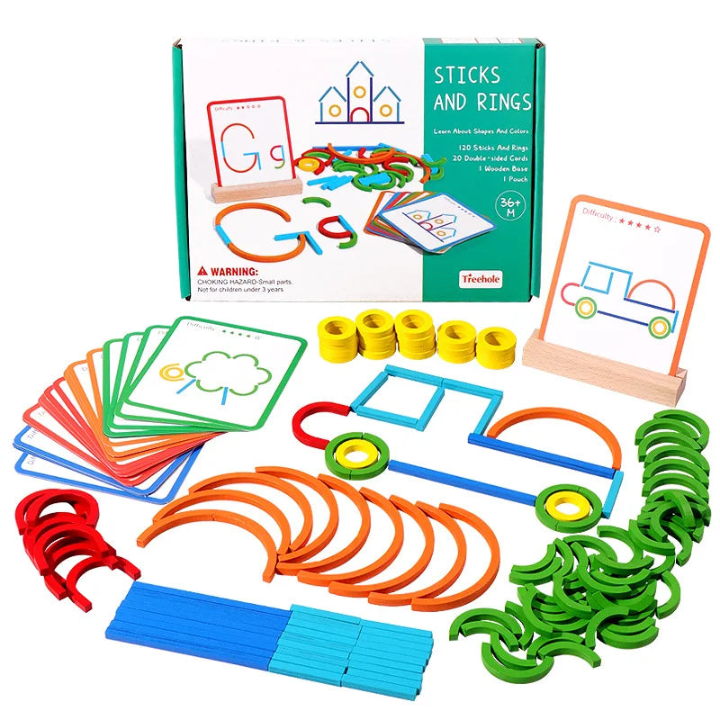 Sticks & Rings IQ Puzzle Set (120 pcs + Challenge Cards)